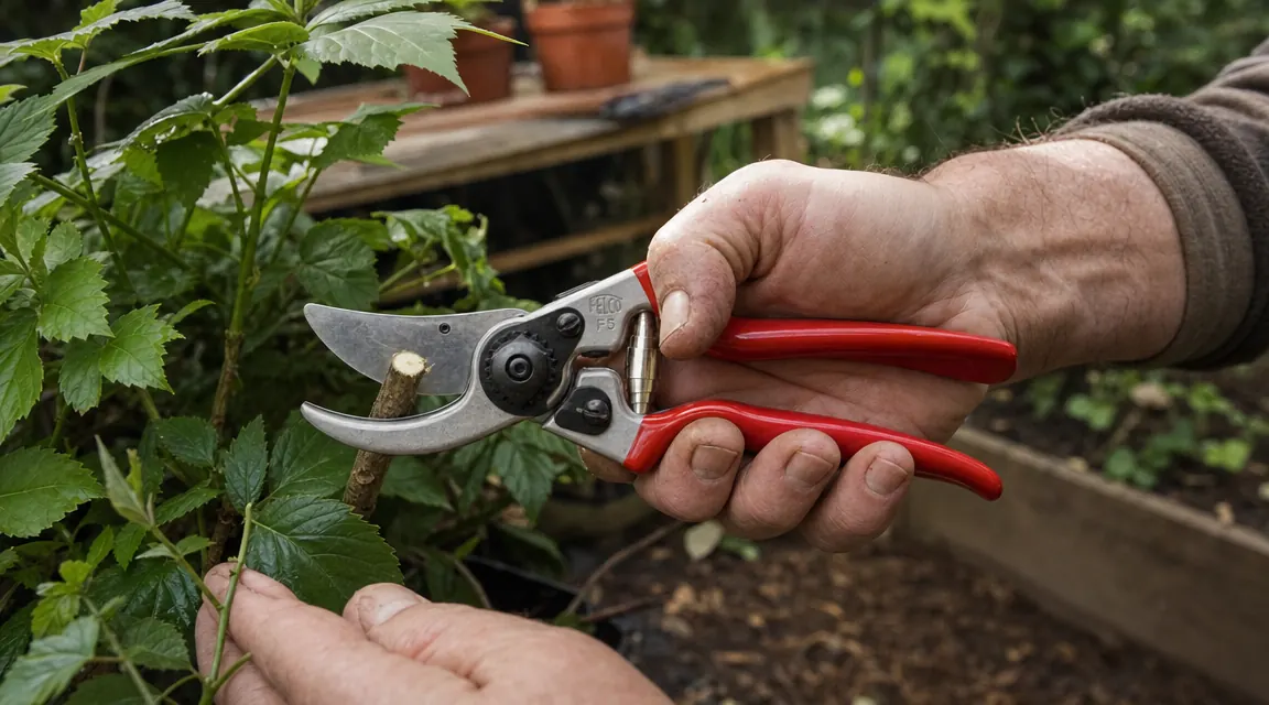 Felco F5 bypass pruner held in a gloved hand next to a freshly cut shrub branch