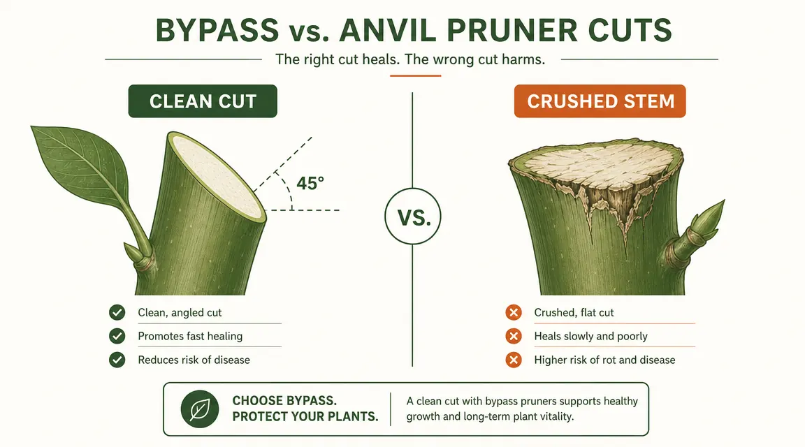 Side-by-side diagram showing a clean bypass cut versus a crushed anvil cut on a stem cross-section
