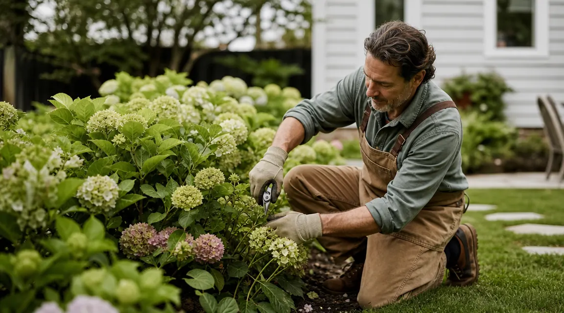 Gardener trimming hydrangea stems in a backyard raised bed on a sunny afternoon