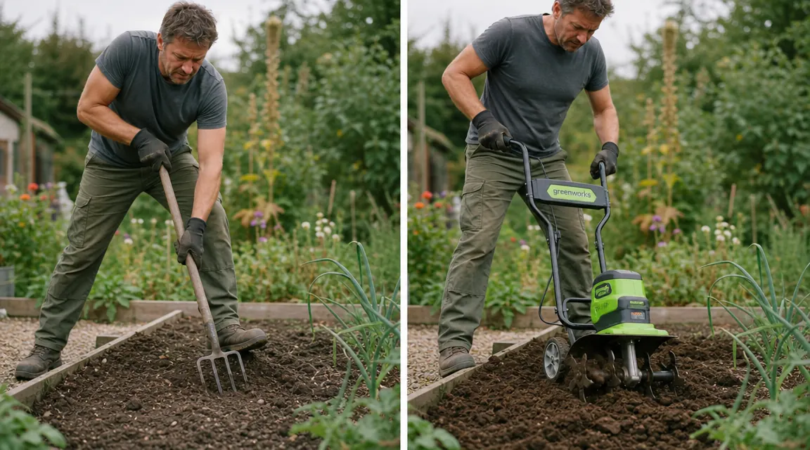 Split view comparing hand-tilling with a fork versus running a cordless cultivator through the same raised bed