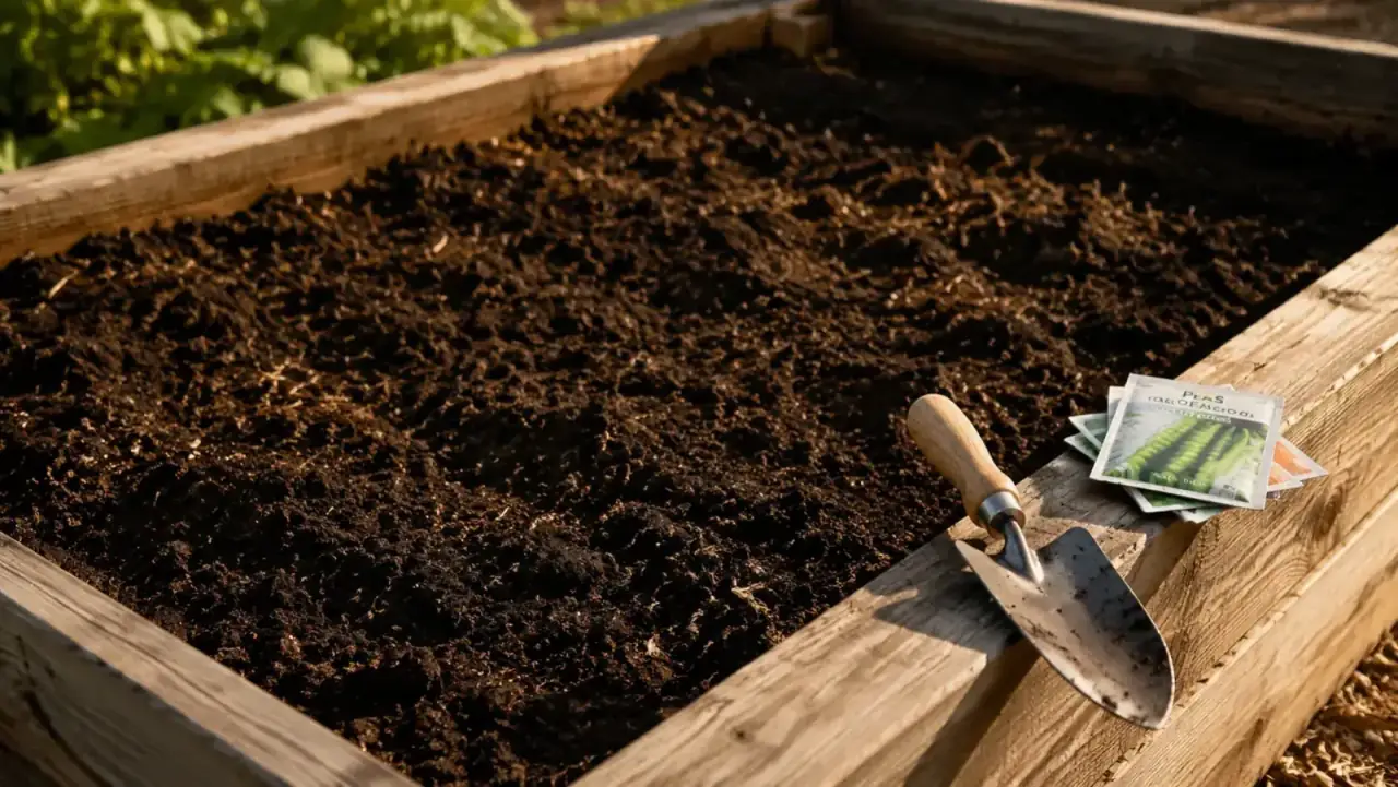 Freshly cultivated raised bed ready for planting, loose dark soil with no clumps, garden tools resting nearby
