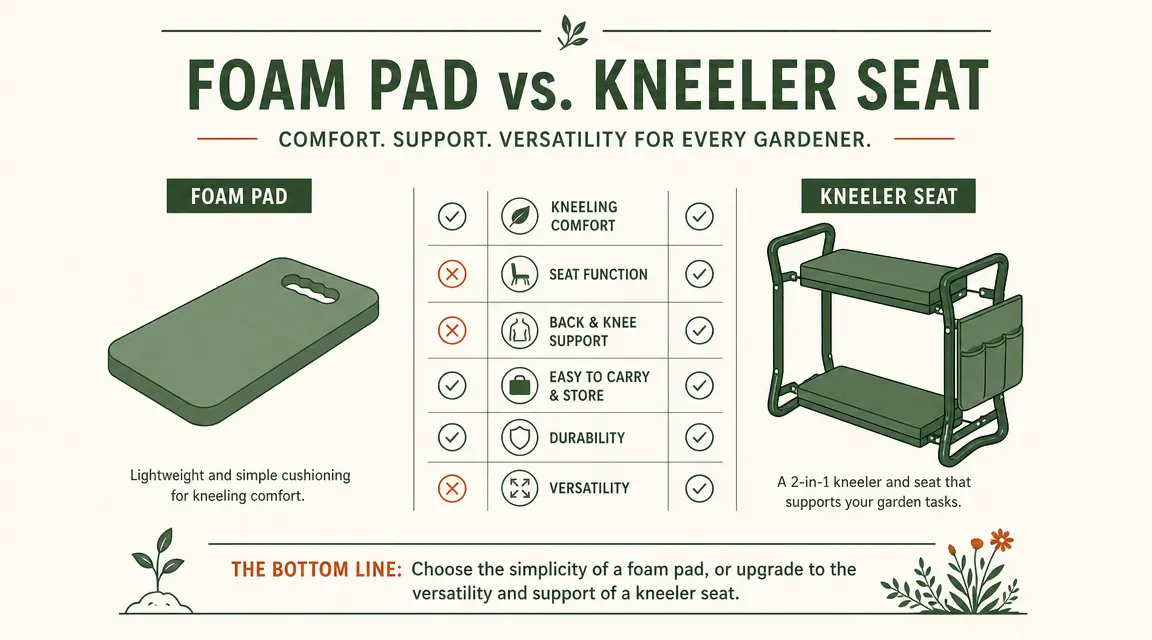 Side-by-side comparison showing a flat foam kneeling pad versus a folding kneeler-seat with handles