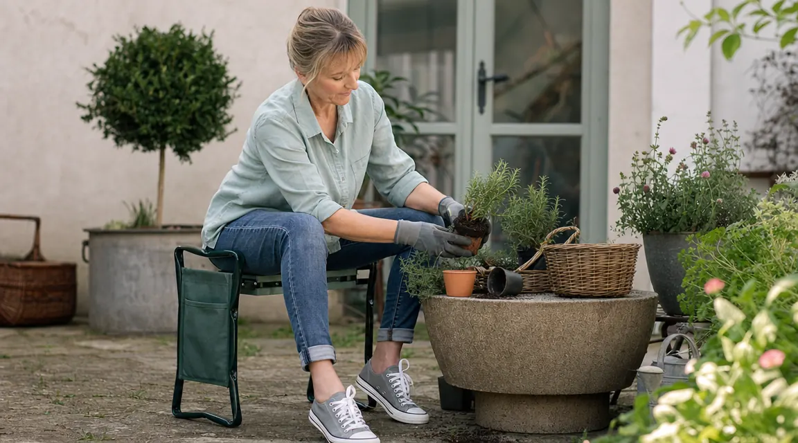 Gardener using the folding kneeler seat flipped upright as a stool while potting plants on a patio