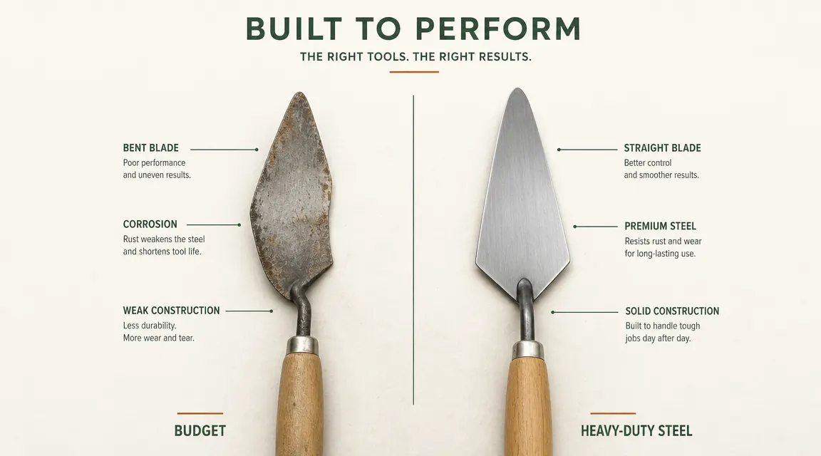 Side-by-side trowels showing bent cheap blade vs straight heavy-duty blade after hitting clay