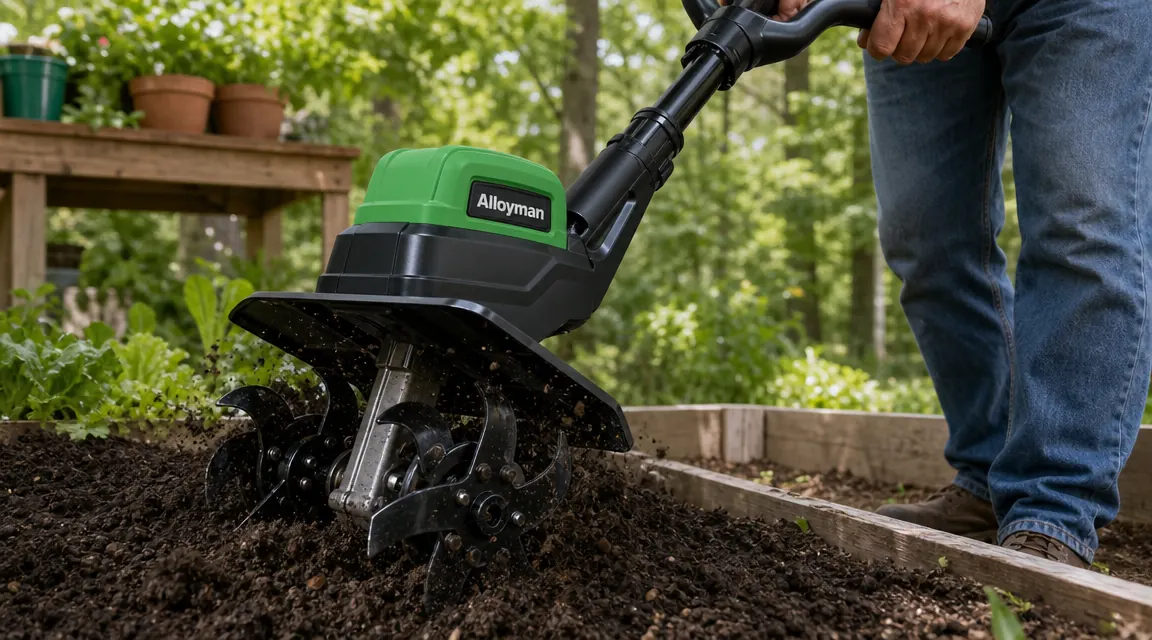 Close-up of tiller tines partially buried in compacted garden soil showing tine depth