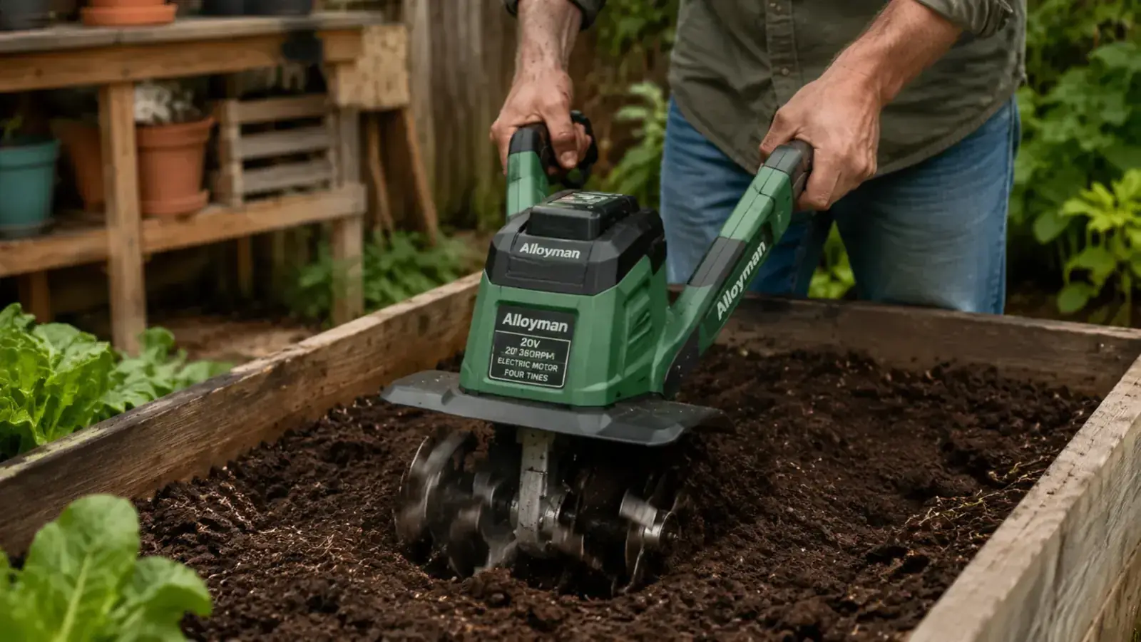 Hands holding the Alloyman 20V cordless cultivator while tilling dark garden soil in a raised bed
