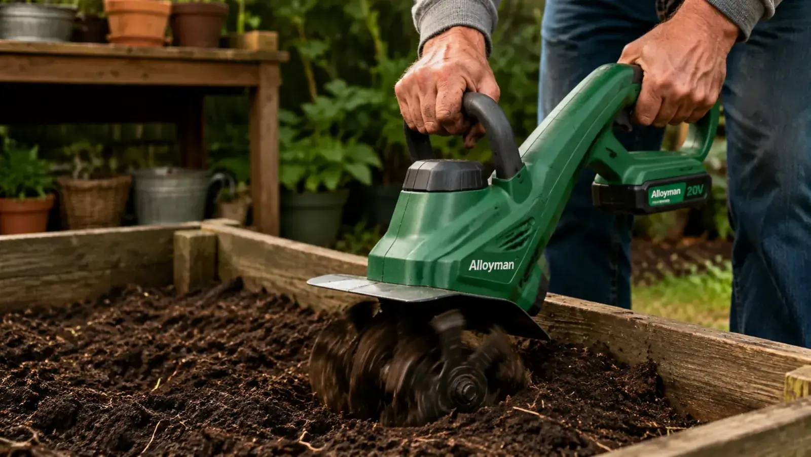 Hands guiding a small cordless cultivator through a raised bed, turning up dark soil around last year's plant stubble