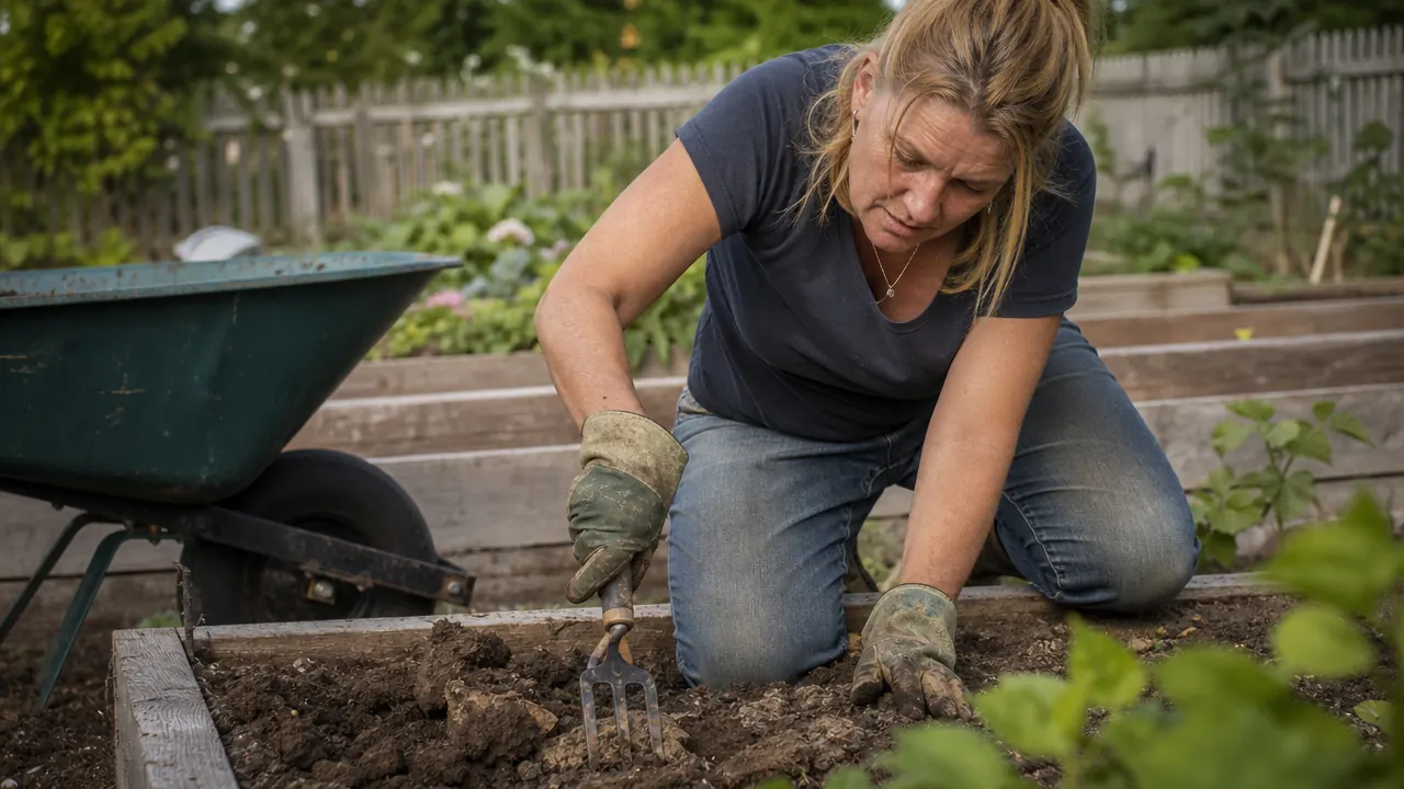 A gardener kneeling beside a raised bed, using a hand fork to break up a clod of compacted clay soil