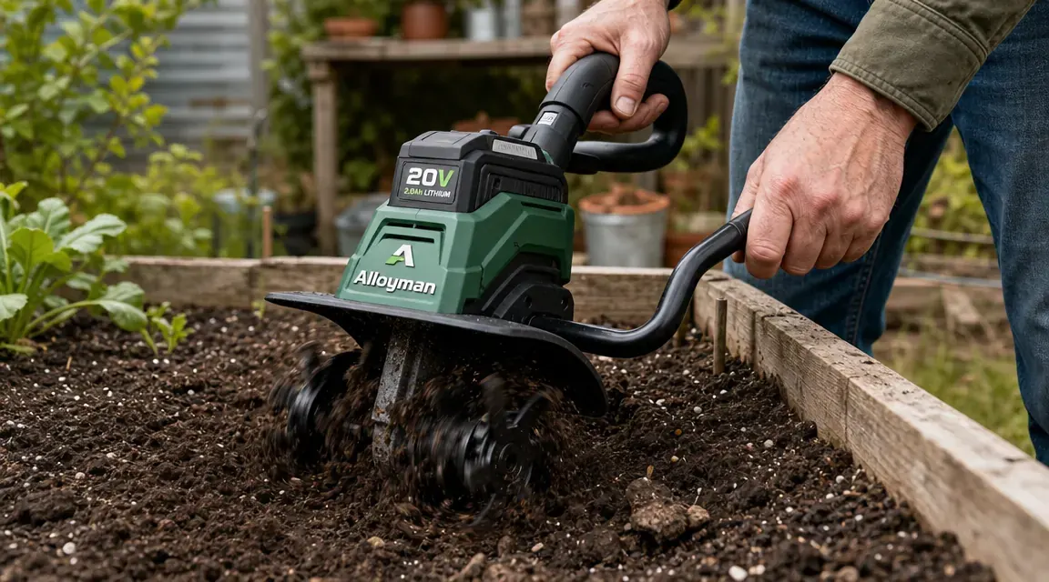 Alloyman 20V cordless cultivator tines working into dark raised-bed soil