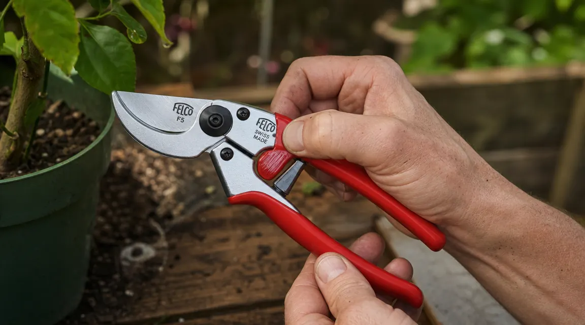 Close-up of Felco F5 blade pivot and locking lever, showing the rotation lock mechanism on the lower handle