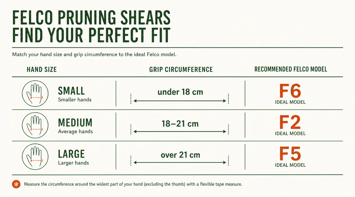 Comparison chart showing hand-size fit for Felco F2, F5, and F6 pruner models by grip circumference