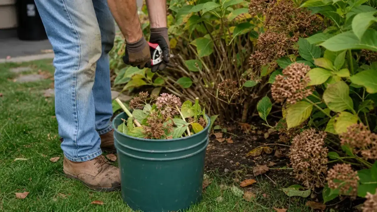 Gardener doing seasonal cutback on overgrown hydrangeas with Felco pruner, green bucket of cuttings beside them