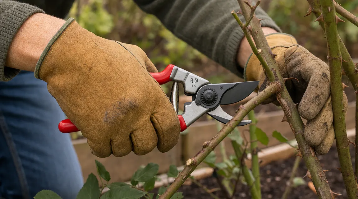 Gloved hand gripping a red-handled bypass pruner mid-cut on a woody rose cane