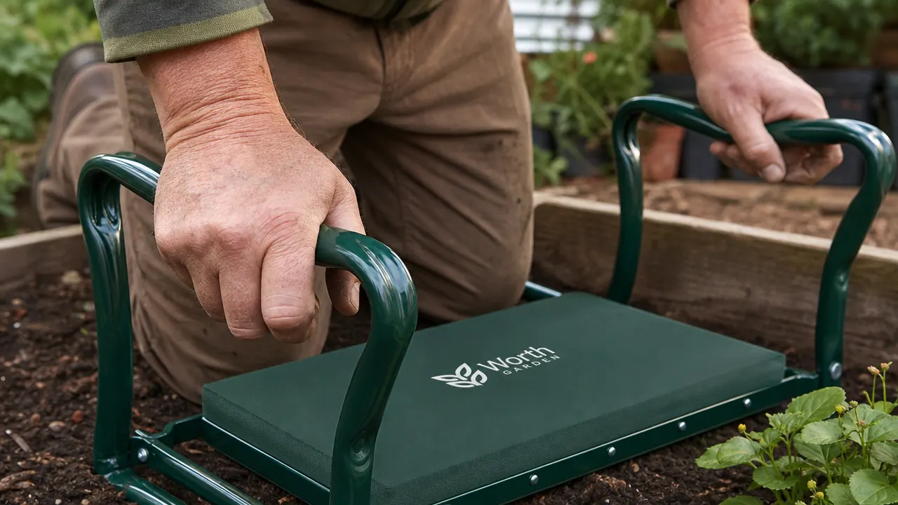 Hands gripping the metal side handles of a garden kneeler to push up from kneeling position