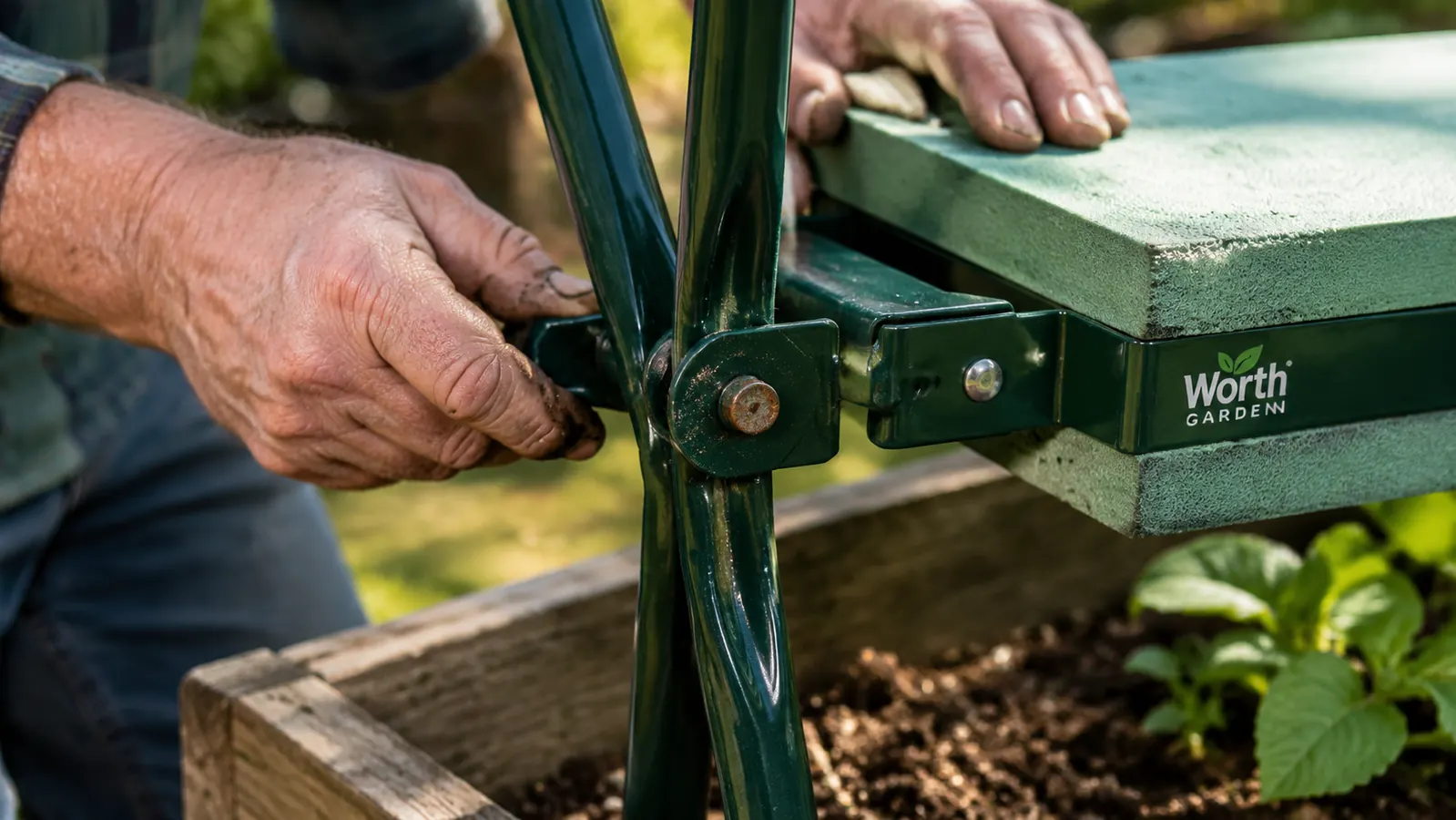 Close-up of the hinge mechanism on a garden kneeler-seat in the folded-flat position