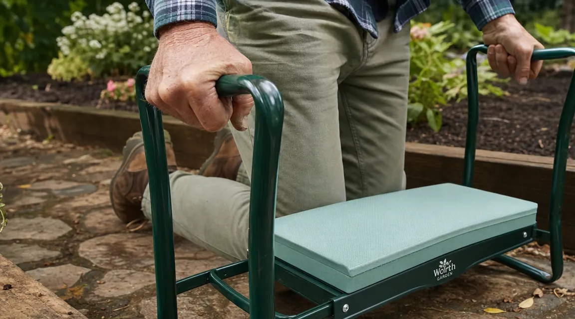Close-up of a garden kneeler seat flipped upright as a support bench, person pressing hands on padded side handles to stand up from kneeling