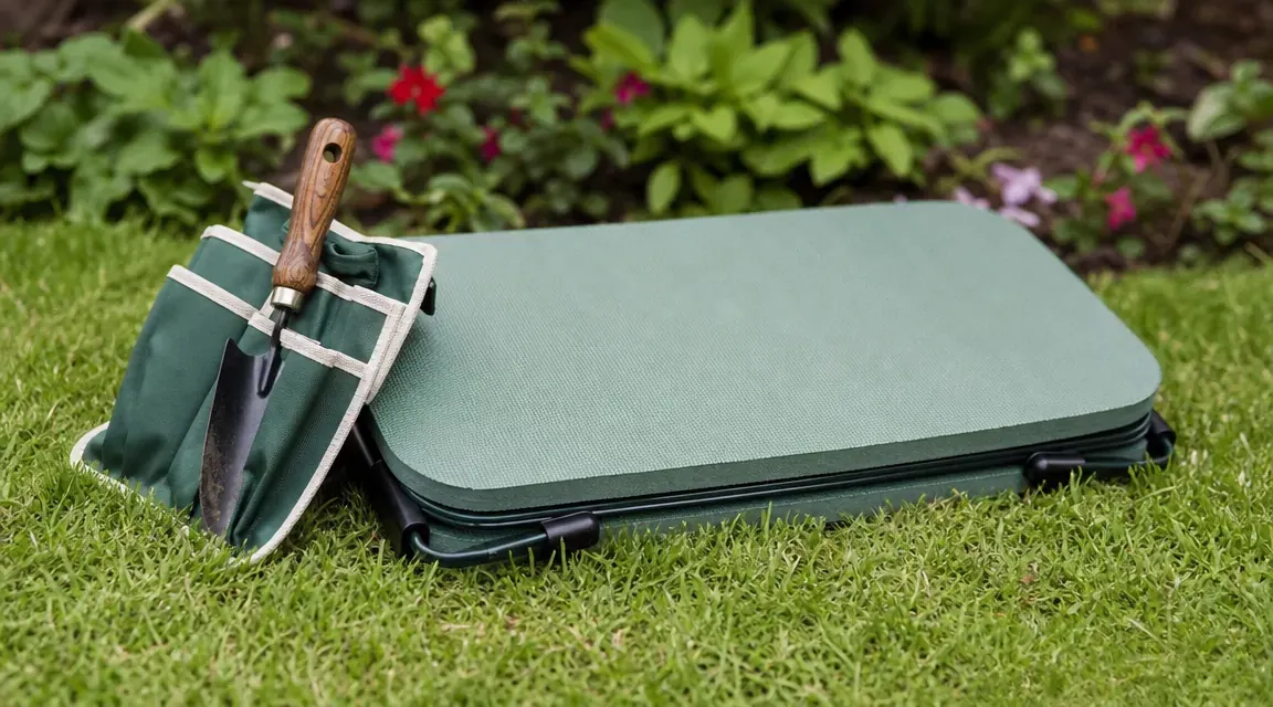 Garden kneeler unfolded flat showing thick green foam pad and steel frame, small fabric tool pouch visible on the side
