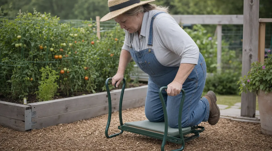 Older gardener using the kneeler-seat handles to push up to standing from a garden bed