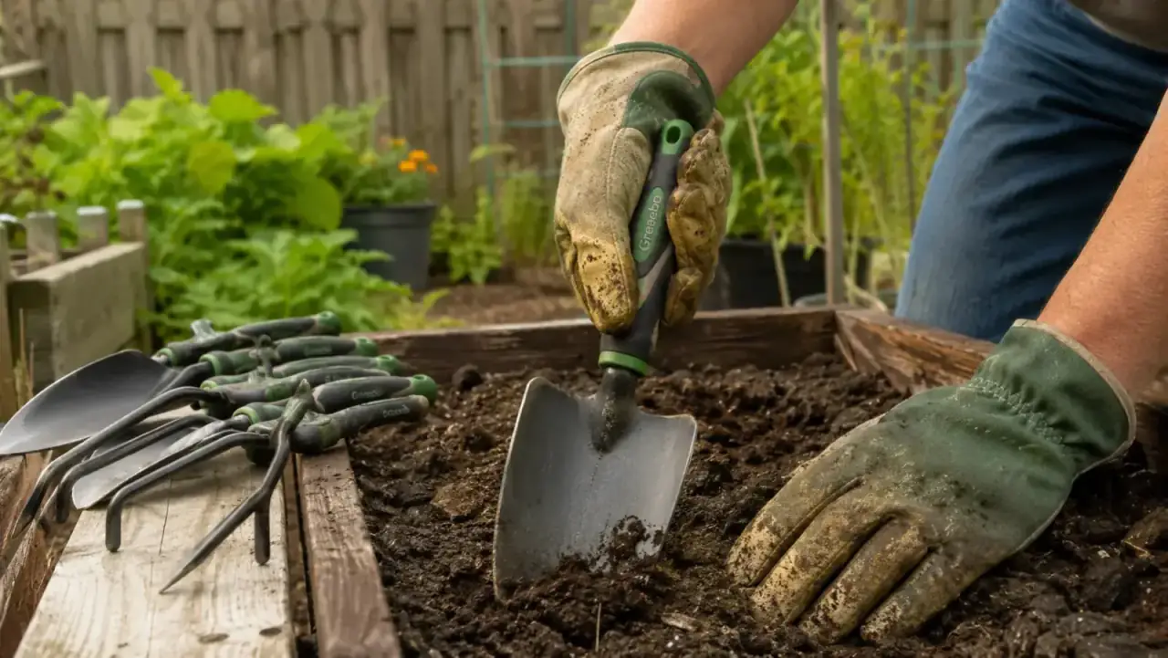 Hand pressing the Grenebo aluminum trowel blade into clay-heavy raised bed soil