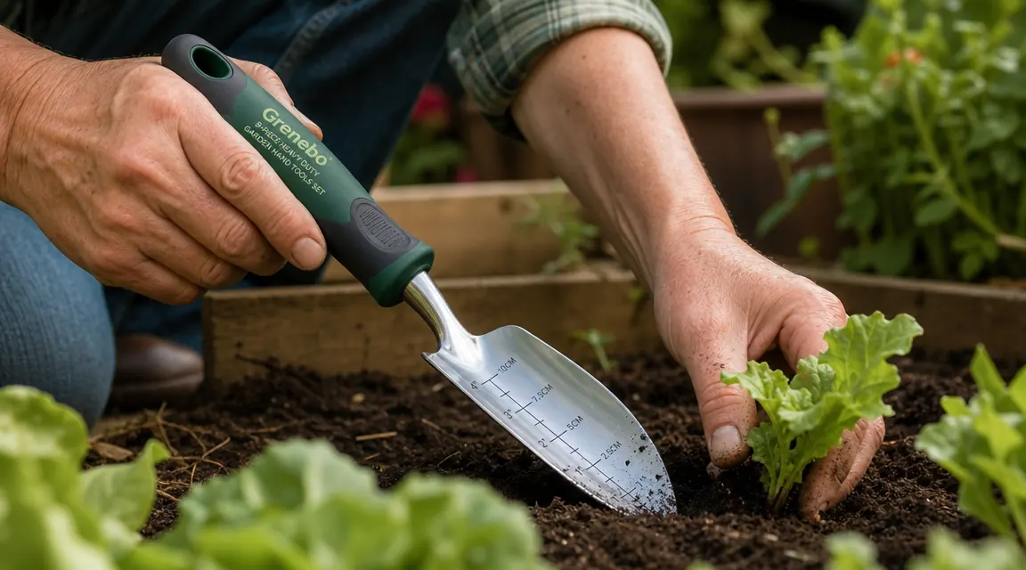 Close-up of the Grenebo trowel handle ergonomic grip and measurement markings