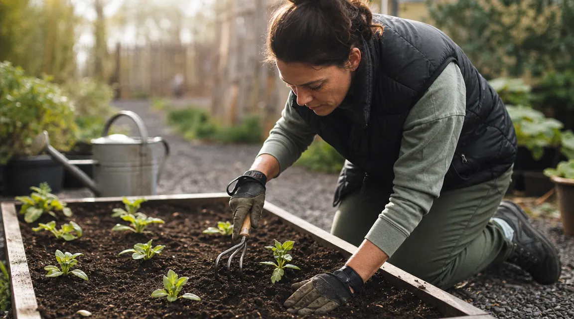 Gardener using the Grenebo transplanter and cultivator on a raised bed planted with seedlings