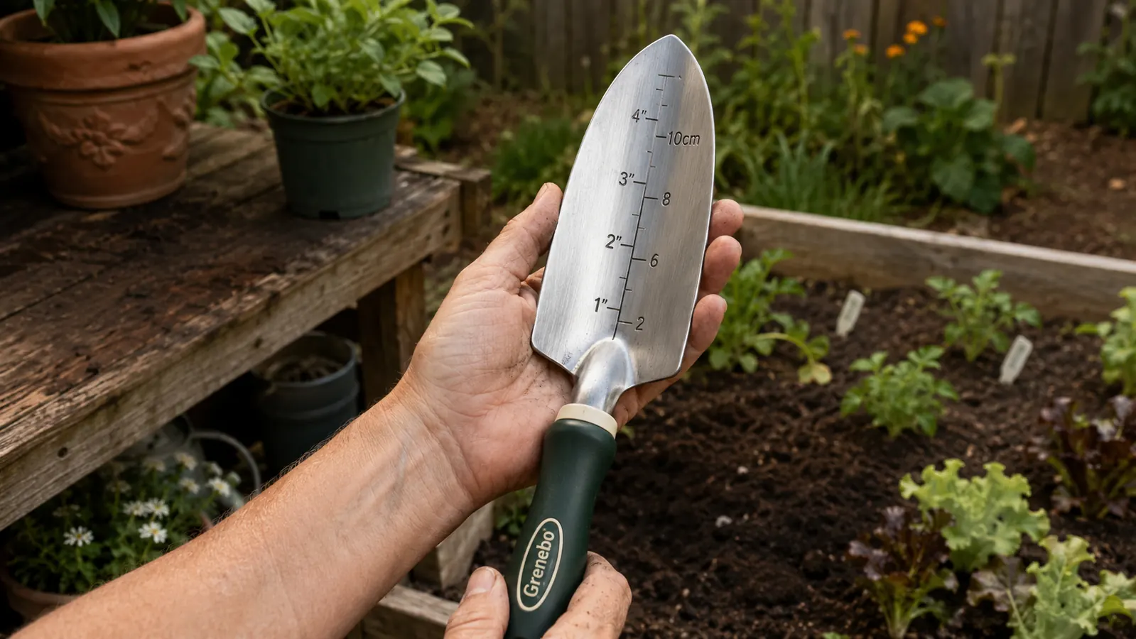 Close-up of a Grenebo garden trowel blade showing the depth markings and thick steel construction