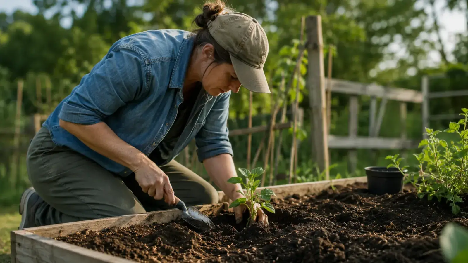 Gardener using a hand trowel to transplant a seedling into a raised wooden garden bed