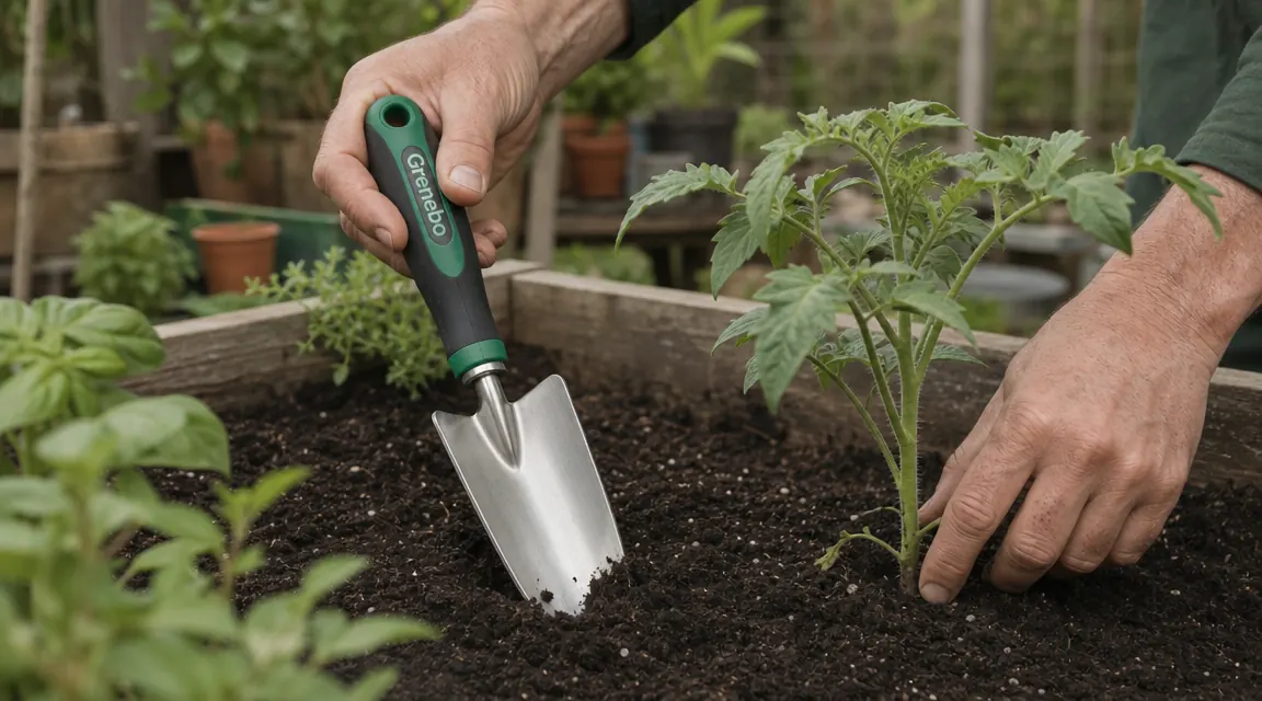 Close-up of a stainless steel garden trowel pressed into dark raised-bed soil next to tomato seedlings