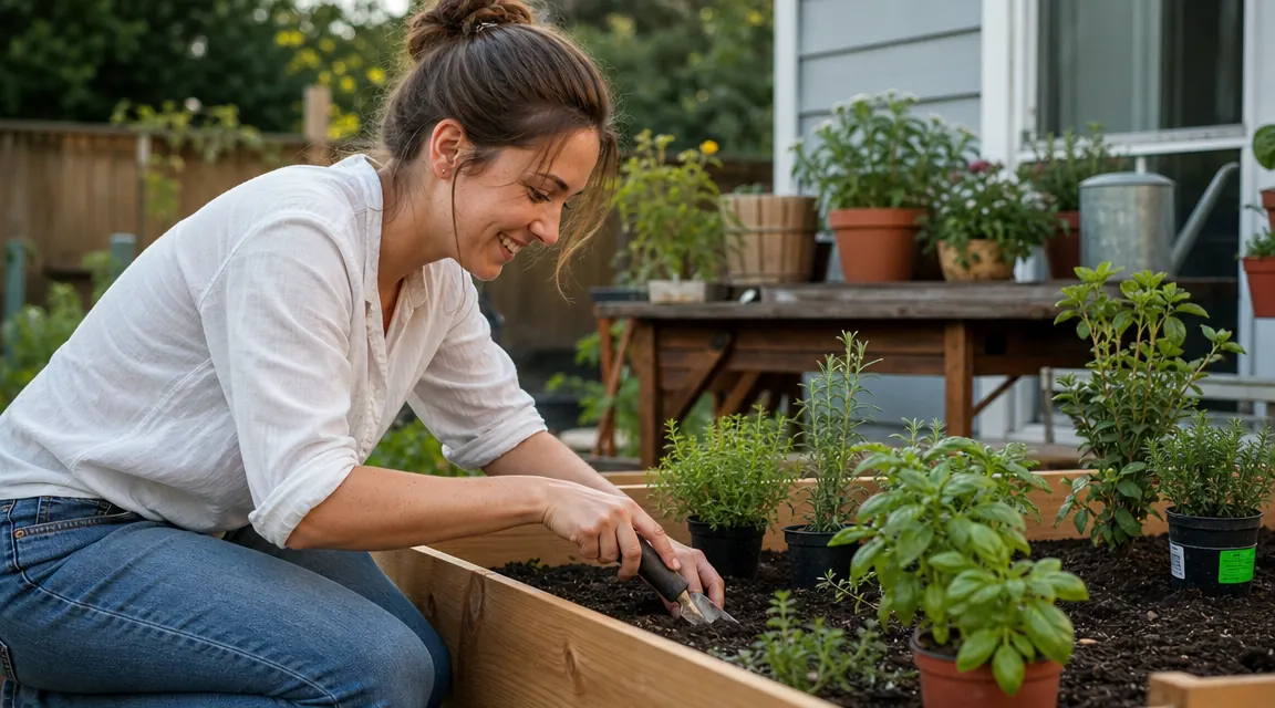 Gardener smiling while transplanting herbs from starter pots into a raised bed with a hand transplanter tool