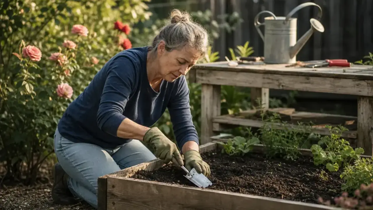 A home gardener in work gloves kneeling at a raised bed with pruners and a watering can, warm afternoon light