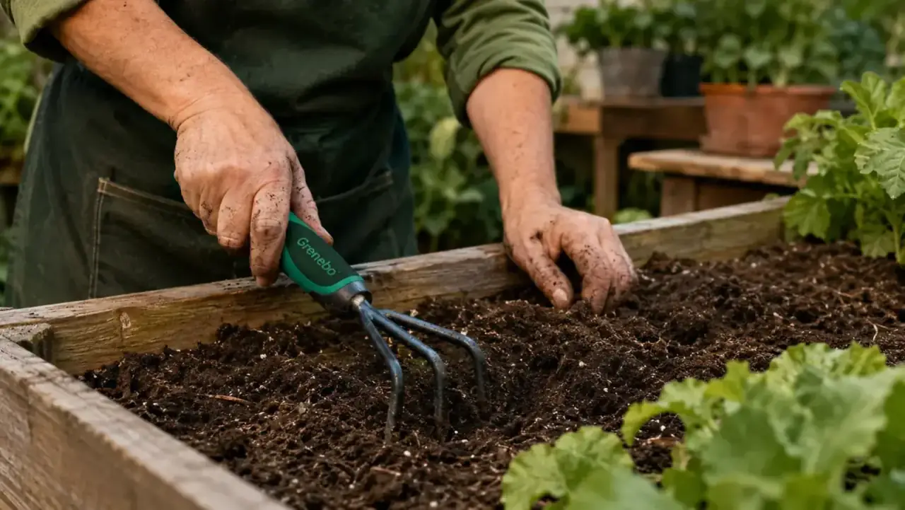 Garden cultivator hand tool being used to rake and loosen the top layer of raised bed soil