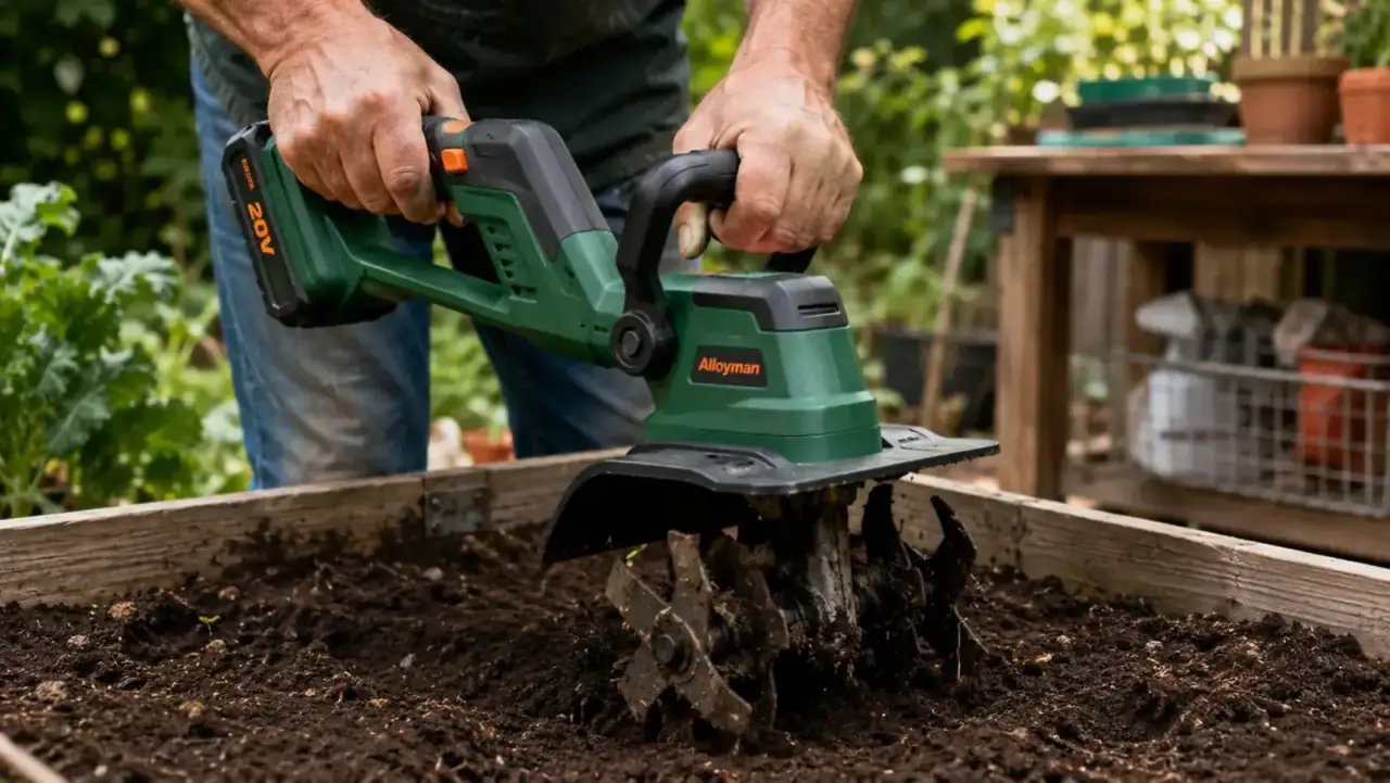 Alloyman 20V cordless tiller held over a raised bed, tines positioned at soil surface ready to work