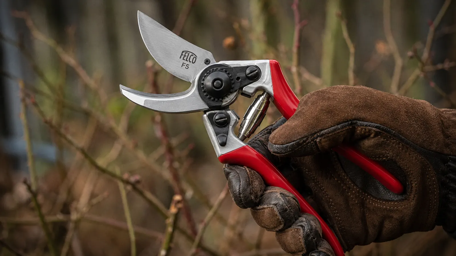 Felco F5 pruner held open showing the bypass blade and sap groove