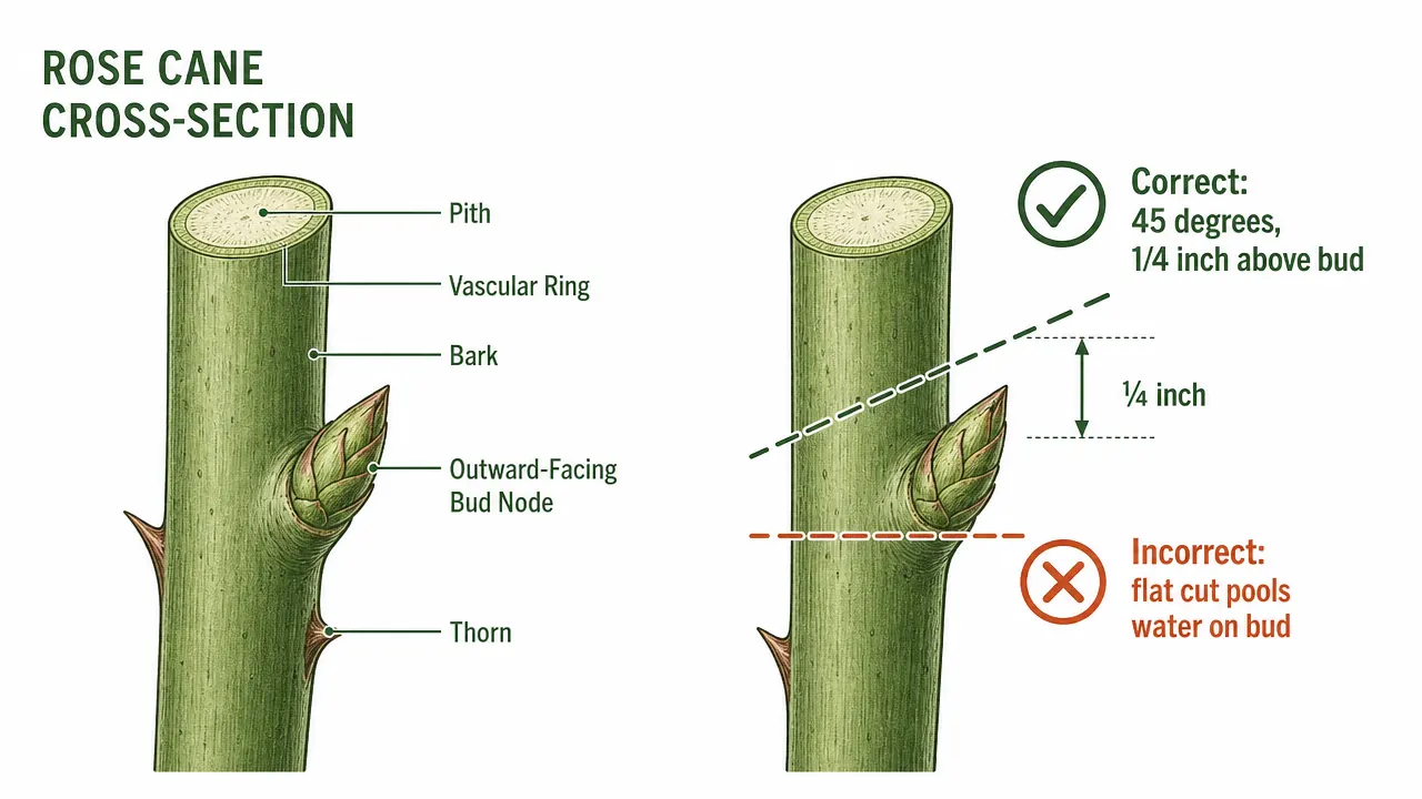 Diagram showing the correct 45-degree cut angle above an outward-facing bud on a rose cane