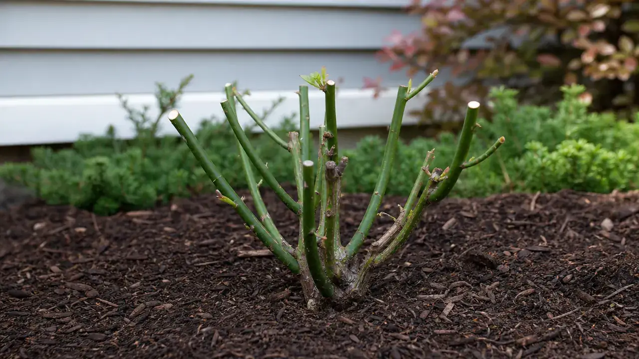 Rose bush after pruning showing open vase shape with healthy green canes