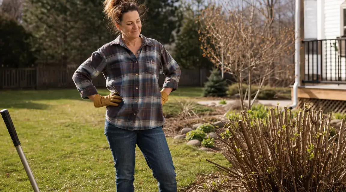 Gardener in backyard standing beside a neatly pruned forsythia bush, lopper resting handle-down on the ground
