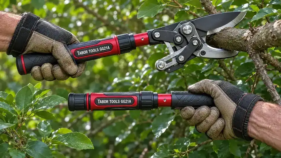 Hands gripping the handles of a TABOR TOOLS GG21A telescoping lopper, blades positioned around a thick branch
